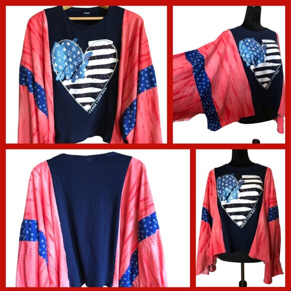 Upcycled Patriotic Poncho T-Shirt, Fits L-4X: Oversized Handmade Cropped Tunic - Picture 13 of 13